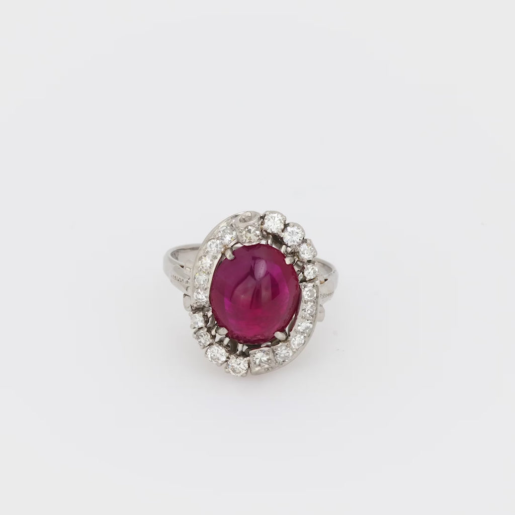 Mid Century 4.30 carat cabochon cut Burma ruby diamond platinum ring