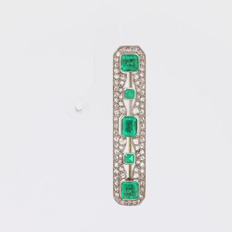 Art Deco French Emerald Diamond 18K White Gold Platinum Bar Brooch