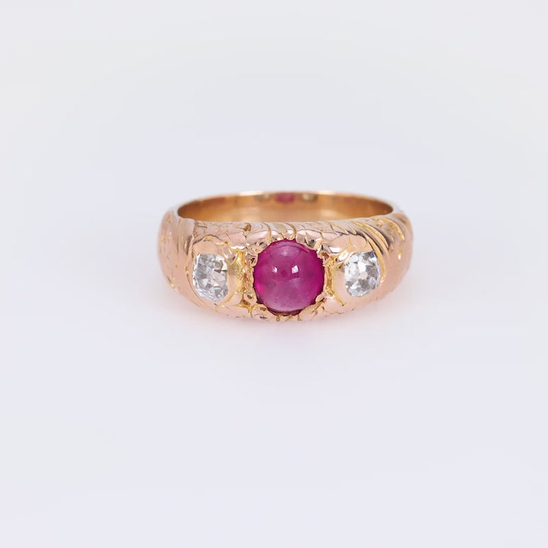 Victorian Burma no heat ruby diamond 18k rose gold three stone ring