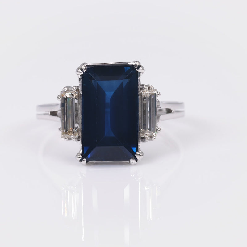 Mid-Century GIA 4.22 Carat Rectangular Cut Sapphire Diamond 18K White Gold Ring