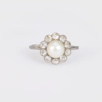 Edwardian natural pearl diamond platinum cluster ring