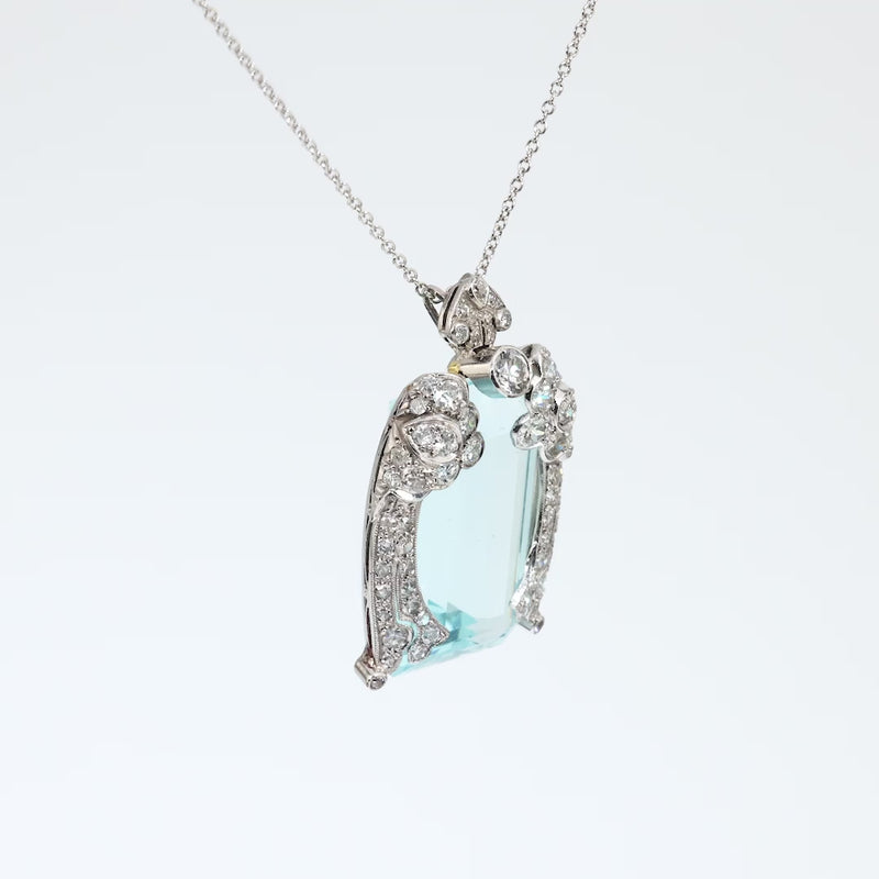 Art Deco French 42 carat aquamarine diamond platinum necklace