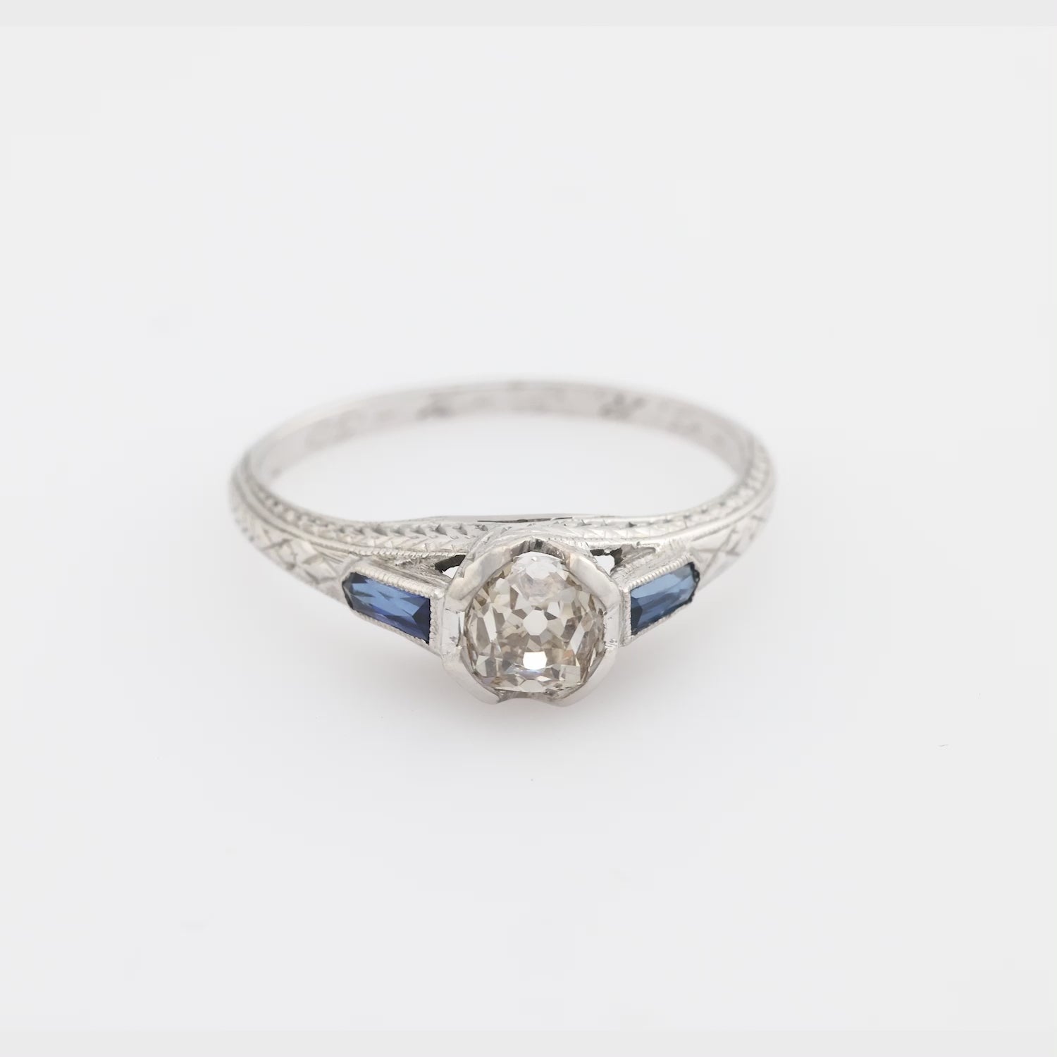 Art Deco diamond sapphire platinum engagement ring