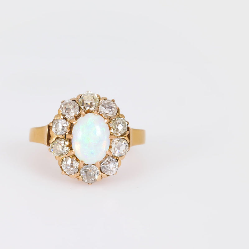 Victorian opal old mine cut diamond 18k yellow gold cluster ring