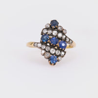 Antique Sapphire Diamond 18K Yellow Gold and Silver Ring