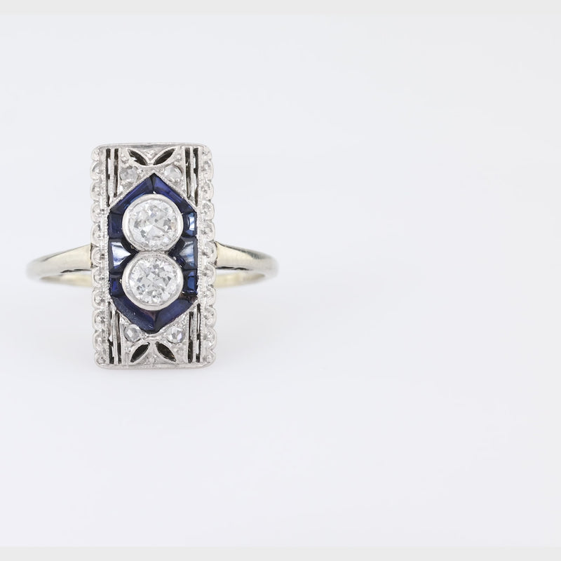 Art Deco Diamond Sapphire 18K White Gold Two Stone Ring