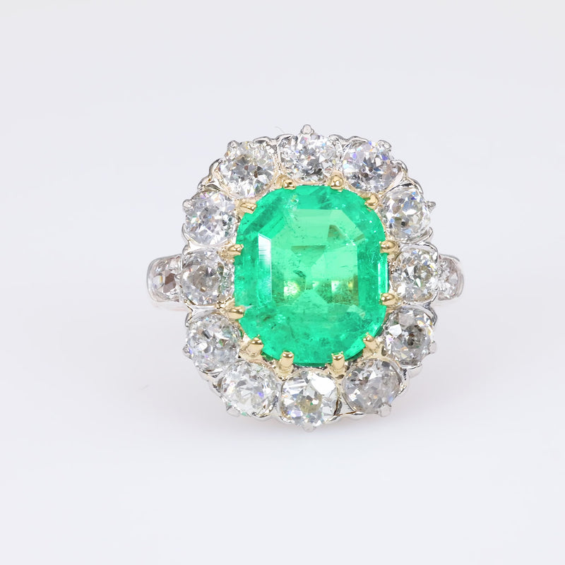 Antique French 3.67 Carat Emerald Diamond 18K Rose Gold Cocktail Ring