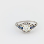 Art Deco 1 carat diamond sapphire platinum engagement ring