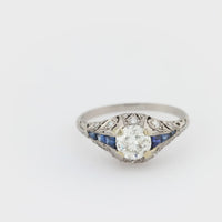 Art Deco 1 carat diamond sapphire platinum engagement ring