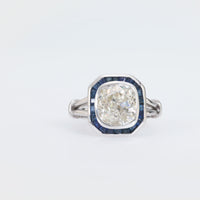 Art Deco French GIA 3.40 carat old mine diamond sapphire 18k gold platinum ring