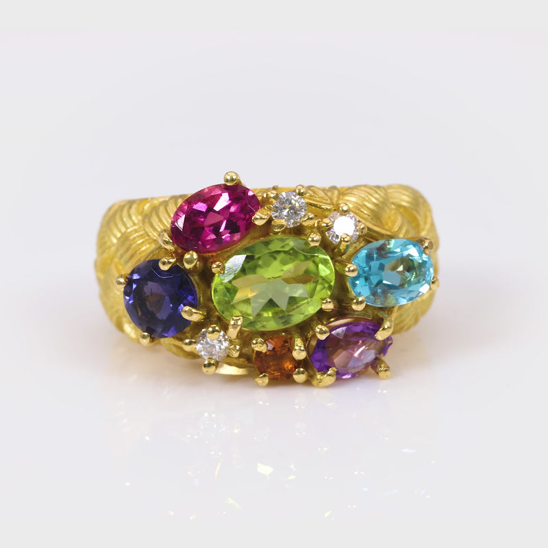 Vintage Gemstone Diamond 18K Yellow Gold Cocktail Band