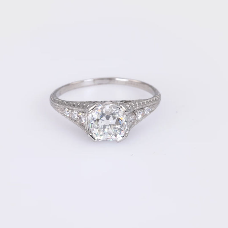 Art Deco Platinum 1.58 Carat Square Cut Diamond Filigree Ring