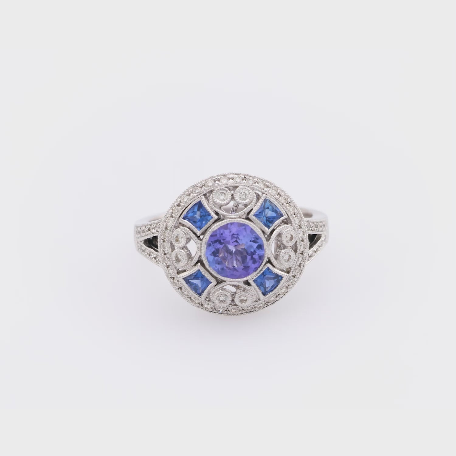 Art Deco style 1.10 carat tanzanite diamond platinum cocktail ring