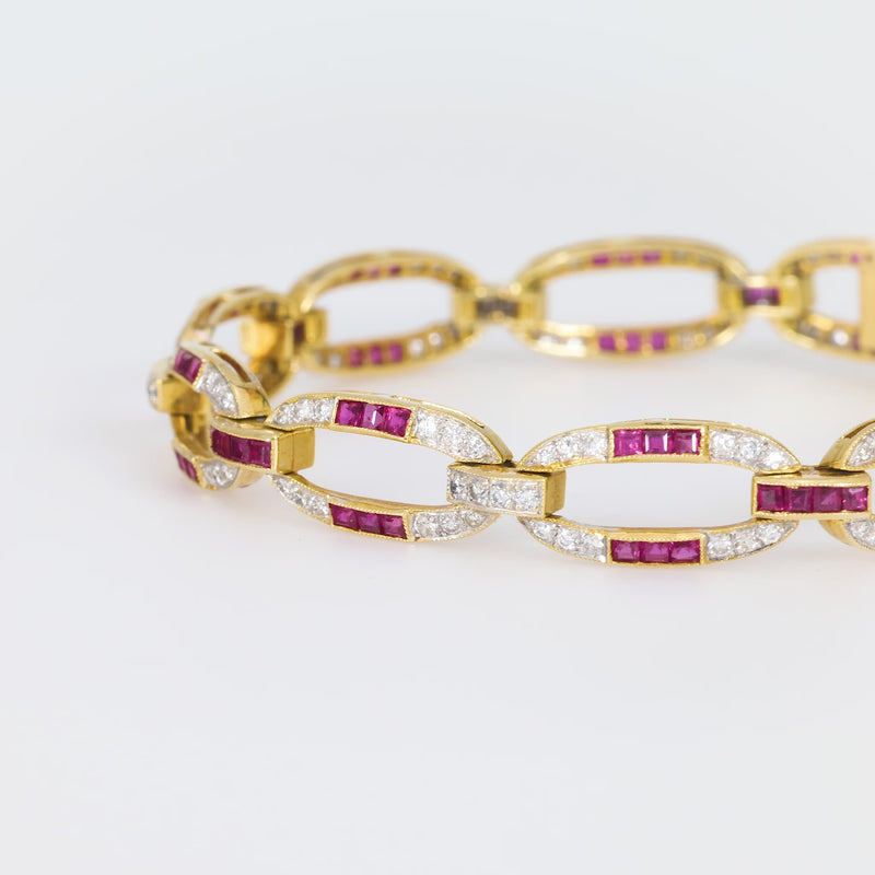 Mid Century ruby diamond 18k yellow gold bracelet