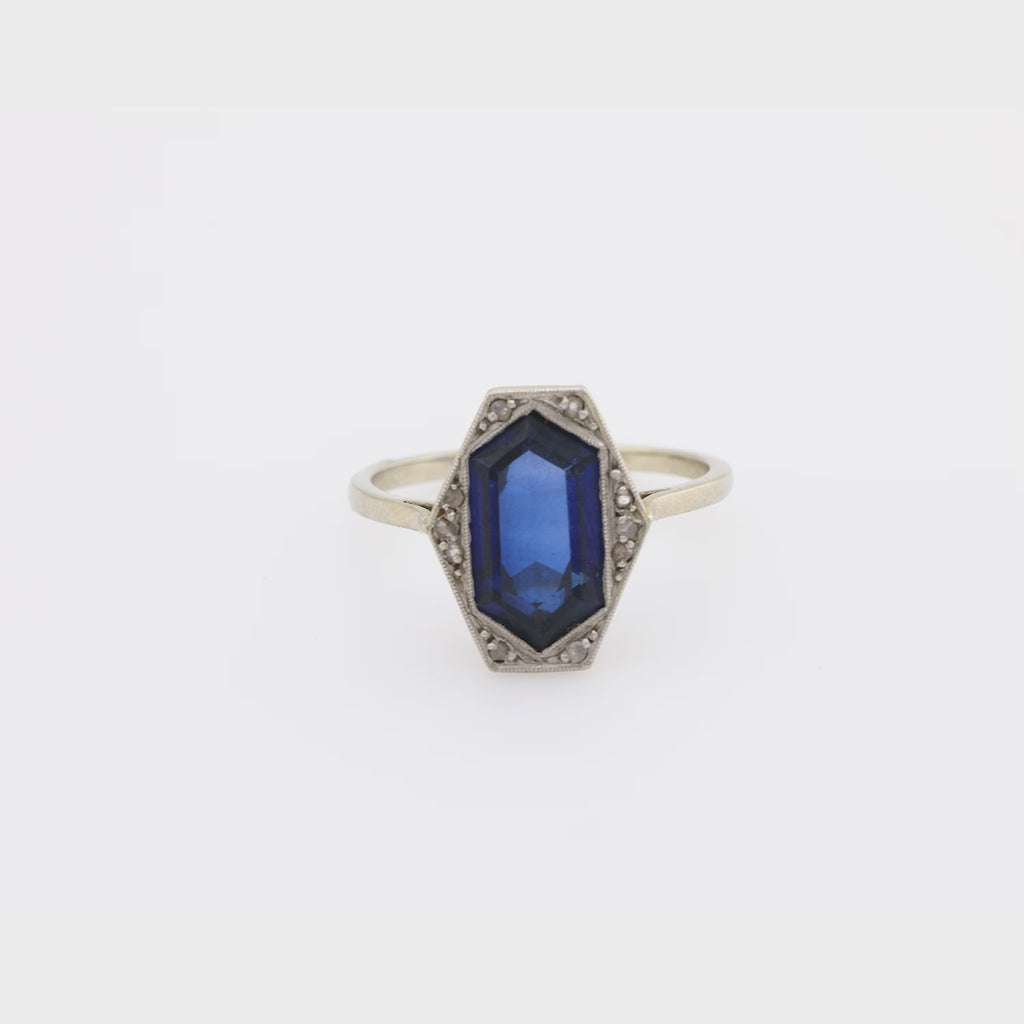 Edwardian 2 carat synthetic sapphire diamond 18k white gold cocktail ring
