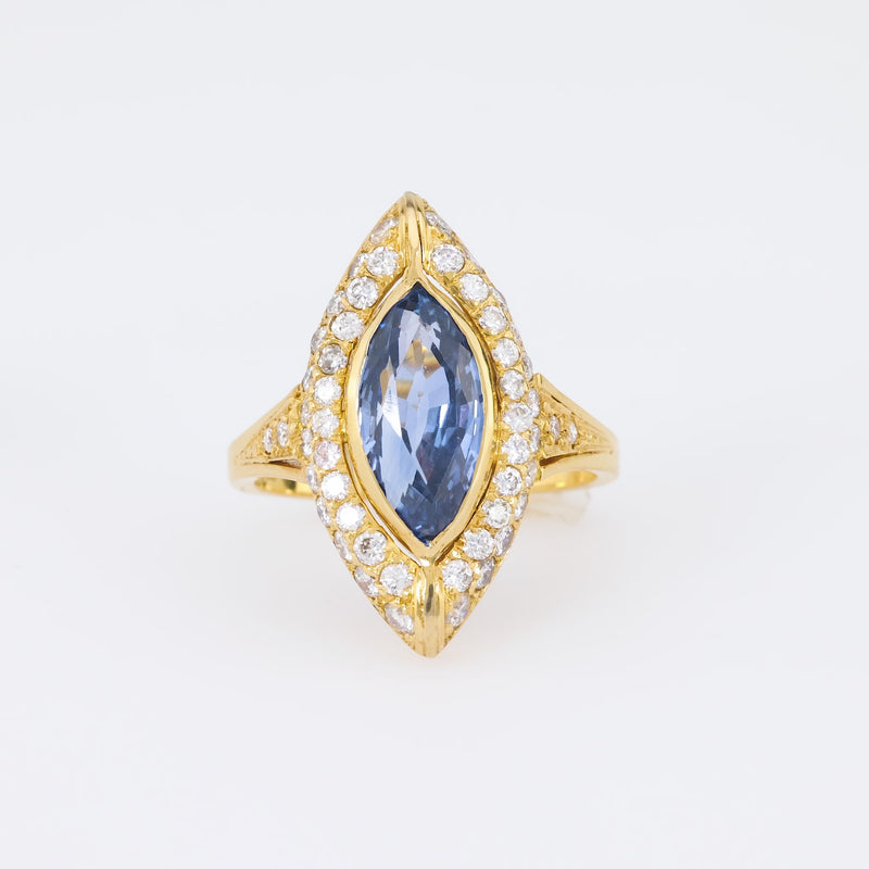 Vintage GIA 2.82 Carat Sapphire Diamond 18K Yellow Gold Navette Ring