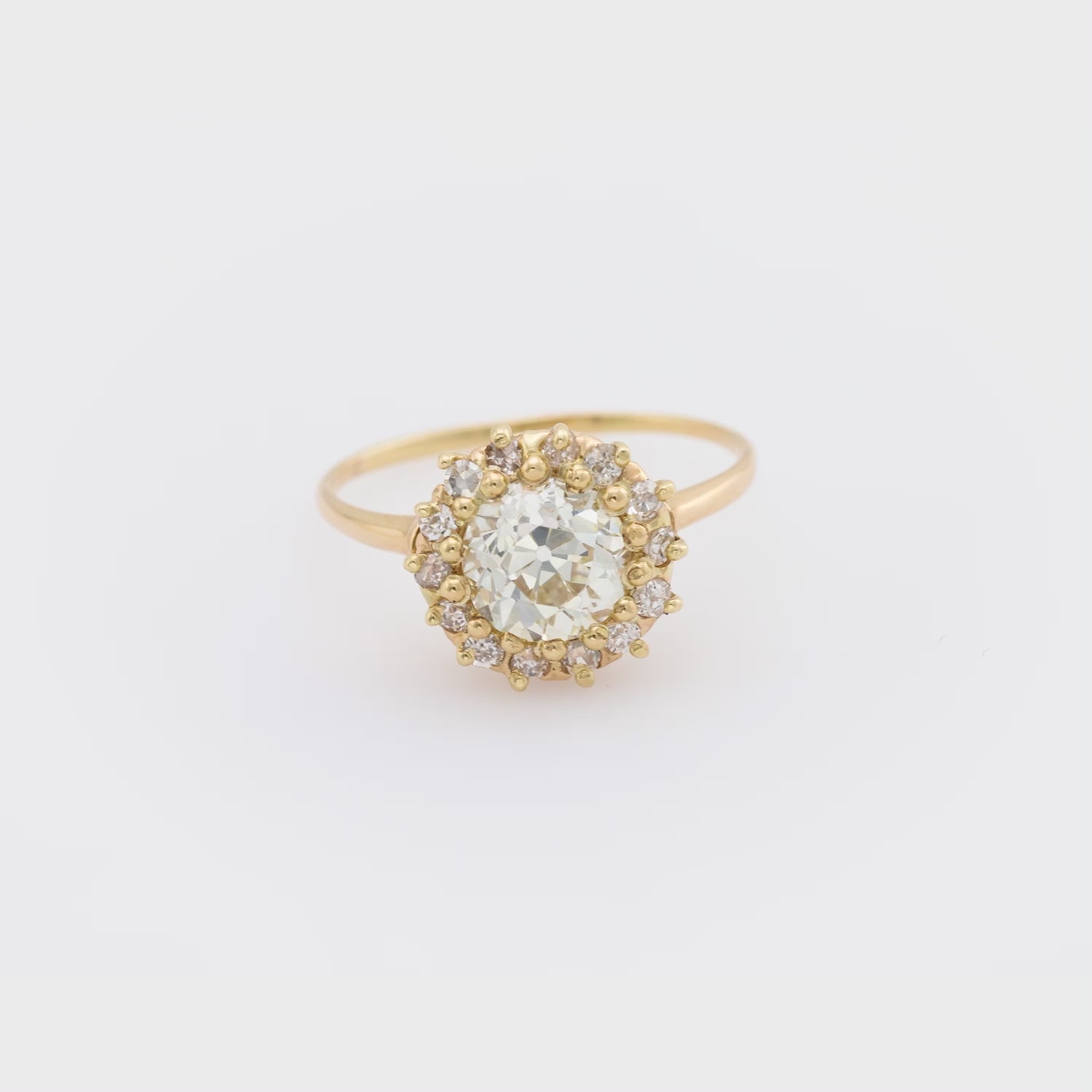 Victorian GIA 1.64 carat old European cut diamond 14k yellow gold cluster ring