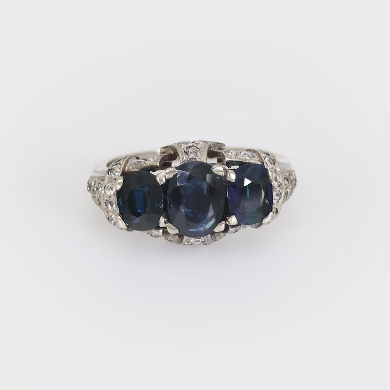 Art Deco 3.20 carat total weight sapphire diamond 14k white gold ring