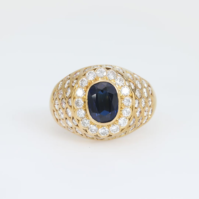 GIA 2.10 carat oval cut sapphire diamond 18k yellow gold dome ring