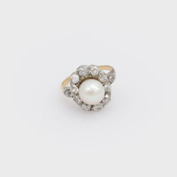 Victorian pearl old mine diamond 18k yellow gold and platinum cluster ring