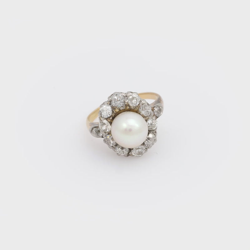 Victorian pearl old mine diamond 18k yellow gold and platinum cluster ring