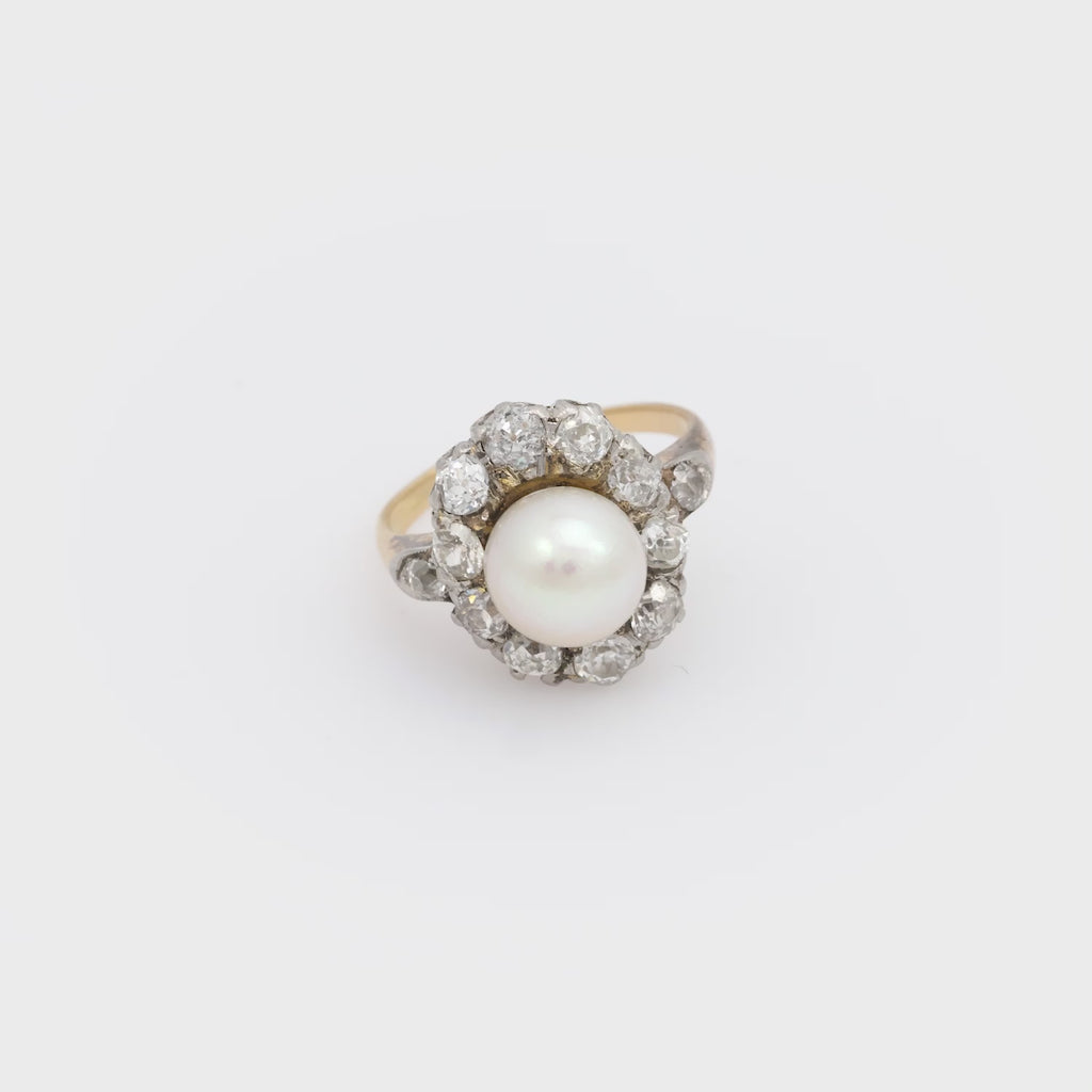Victorian pearl old mine diamond 18k yellow gold and platinum cluster ring