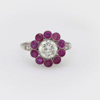 Art Deco style 1.11 carat transitional cut diamond ruby platinum cluster ring