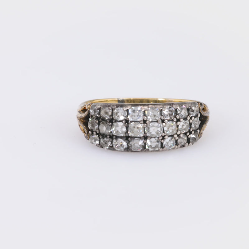 Georgian Peruzzi Cut Diamond 18K Yellow Gold and Silver Three Row Ring