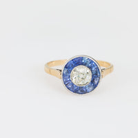 Art Deco style diamond sapphire 18k gold and platinum halo ring