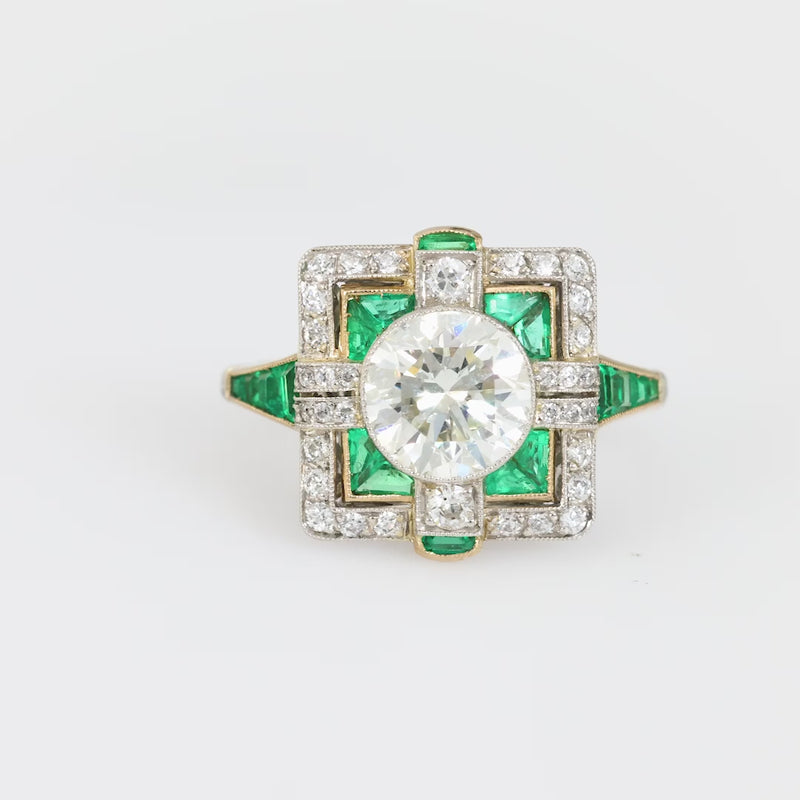 Art Deco style 1.64 carat diamond emerald platinum square ring