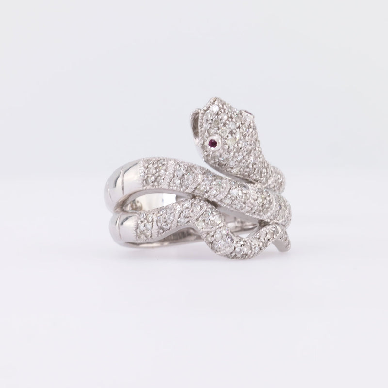 Modern Diamond Ruby 18K White Gold Snake Ring