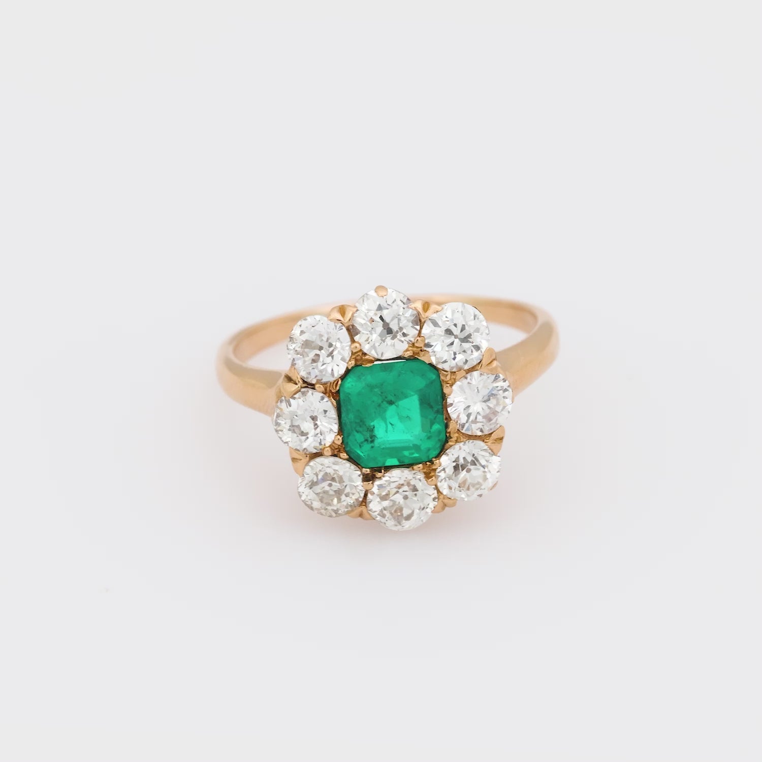 Victorian GIA Colombian emerald diamond 18k rose gold cluster ring