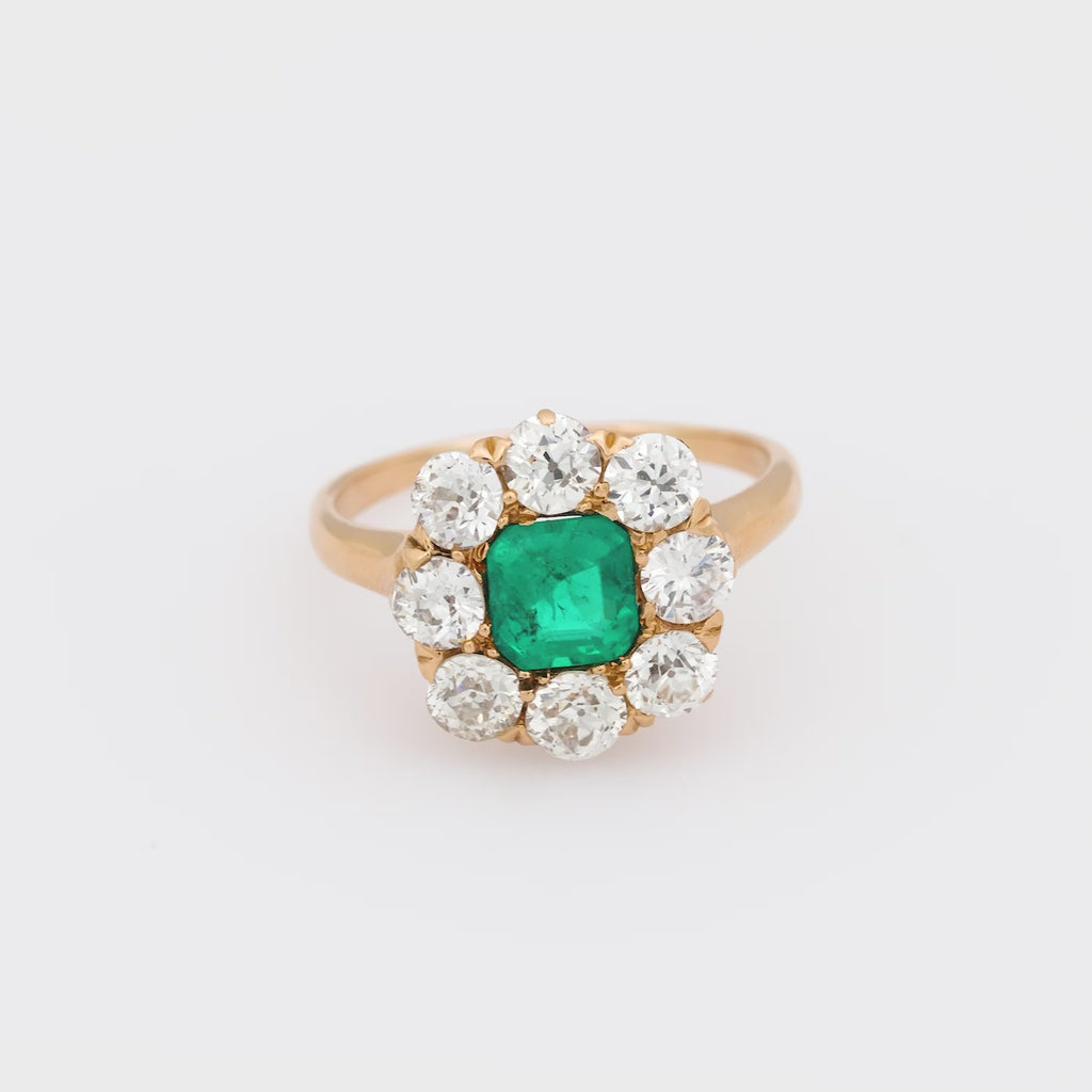 Victorian GIA Colombian emerald diamond 18k rose gold cluster ring