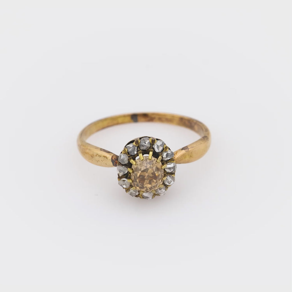 Victorian old mine cut diamond 18k yellow gold cluster ring