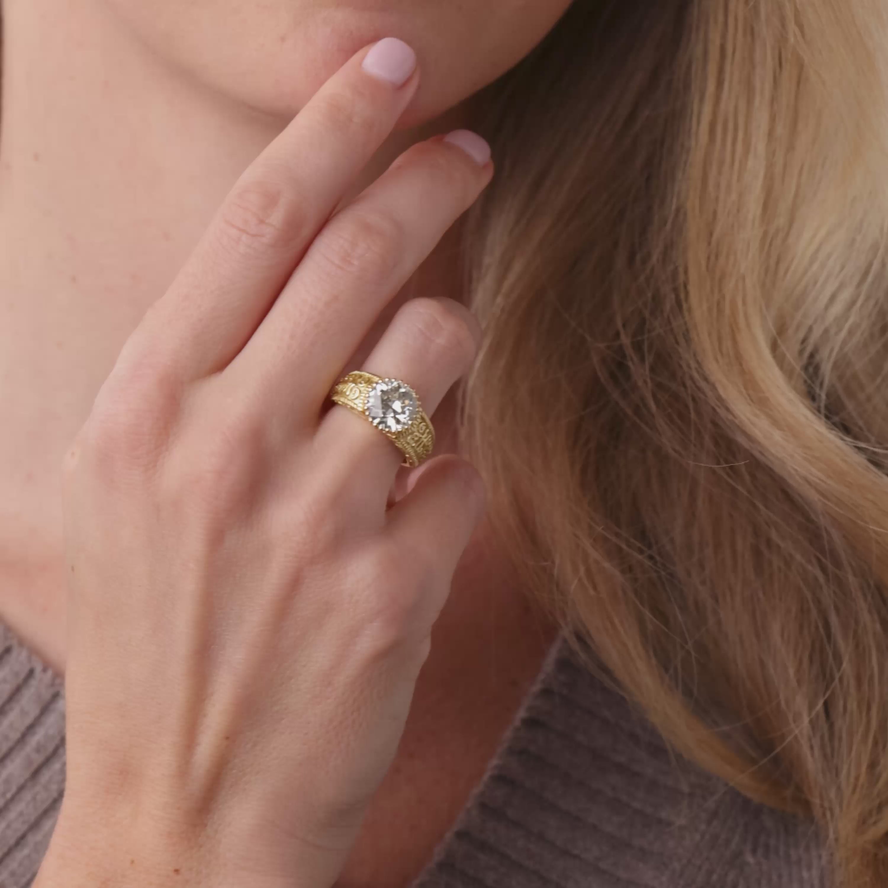 Mid Century GIA 3.41 carat old European cut diamond 18k yellow gold ring