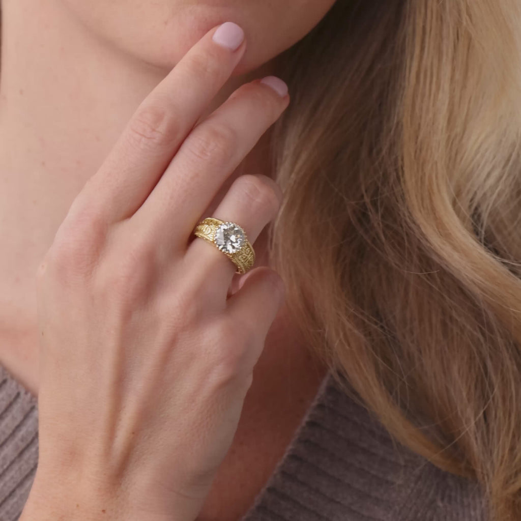 Mid Century GIA 3.41 carat old European cut diamond 18k yellow gold ring