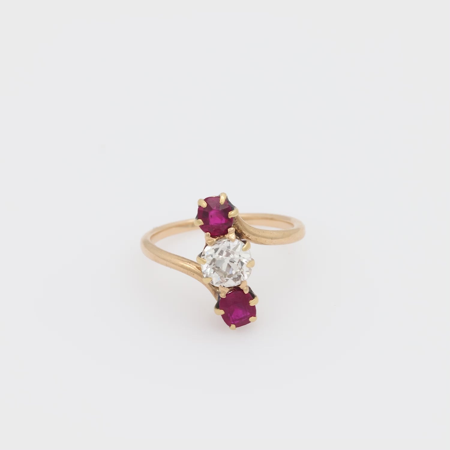 Victorian diamond ruby 14k yellow gold three stone ring