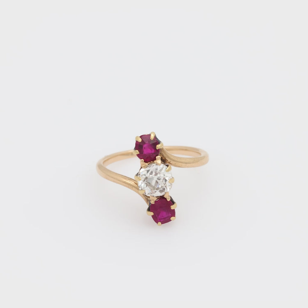 Victorian diamond ruby 14k yellow gold three stone ring