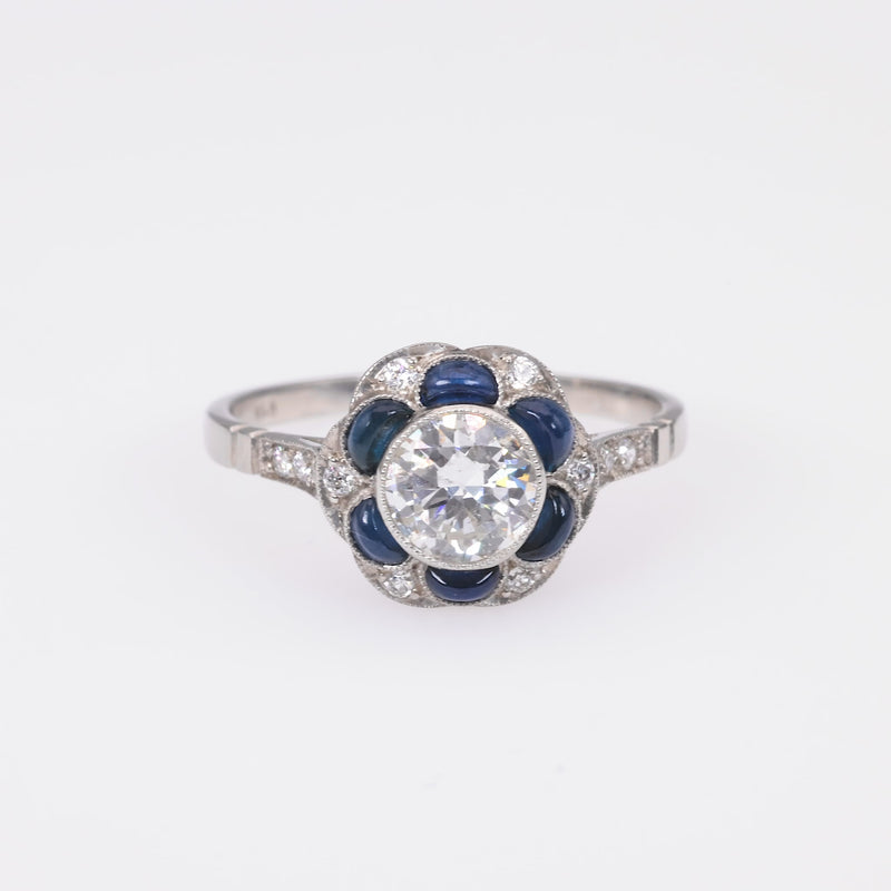 Art Deco Inspired .73 Carat Diamond Sapphire Platinum Cluster Ring