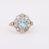 Precious antique aquamarine diamond 18k rose gold and silver cluster ring