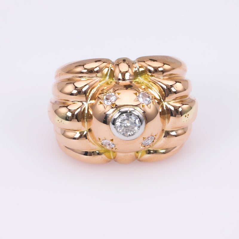 Retro French Diamond 18K Yellow Gold Tank Ring