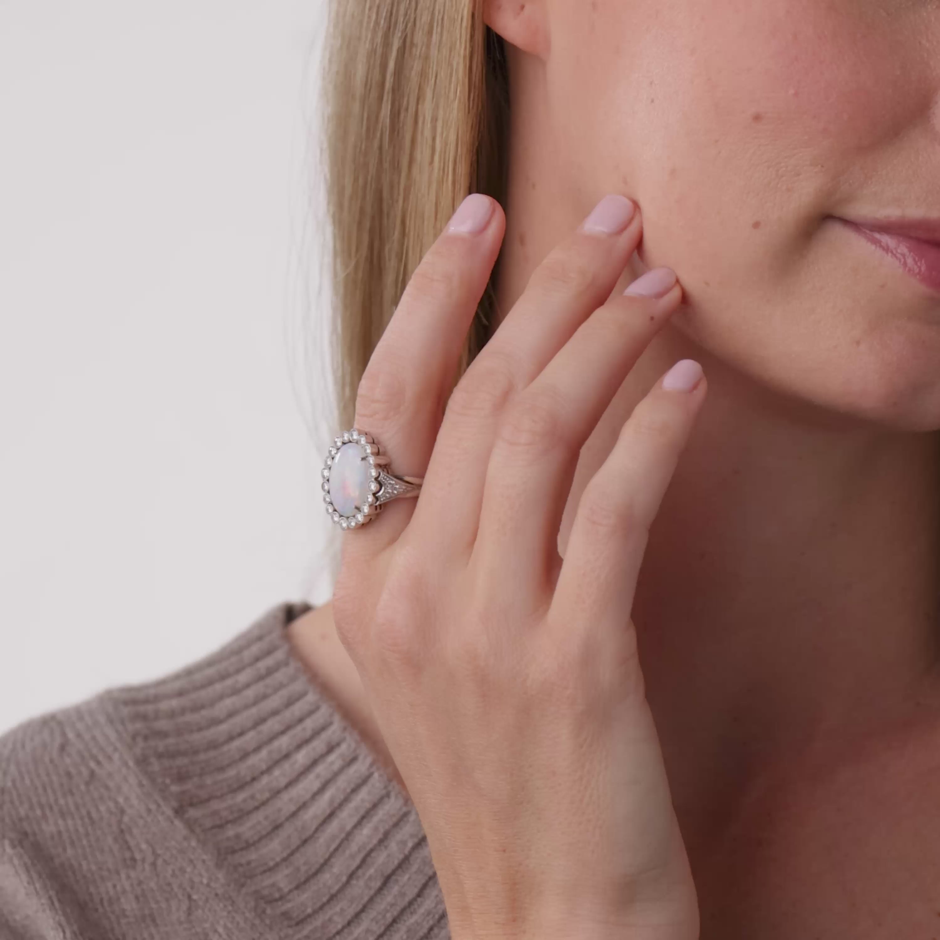 Vintage opal diamond 14k white gold cluster ring
