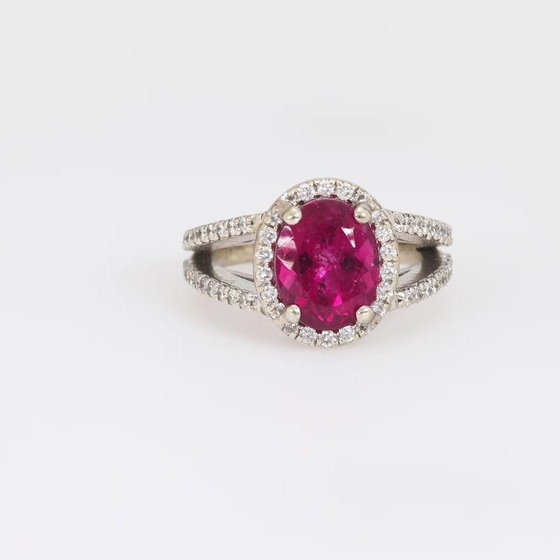 Vintage 2.30 carat pink tourmaline diamond 14k white gold pave ring