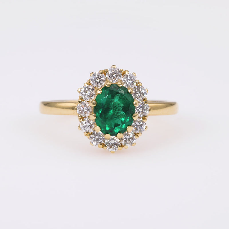 Vintage Inspired Emerald Diamond 18K Yellow Gold Ring Cluster Ring