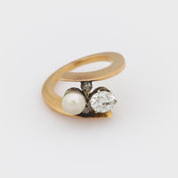 Edwardian pearl diamond 18k yellow and white gold Toi Et Moi ring