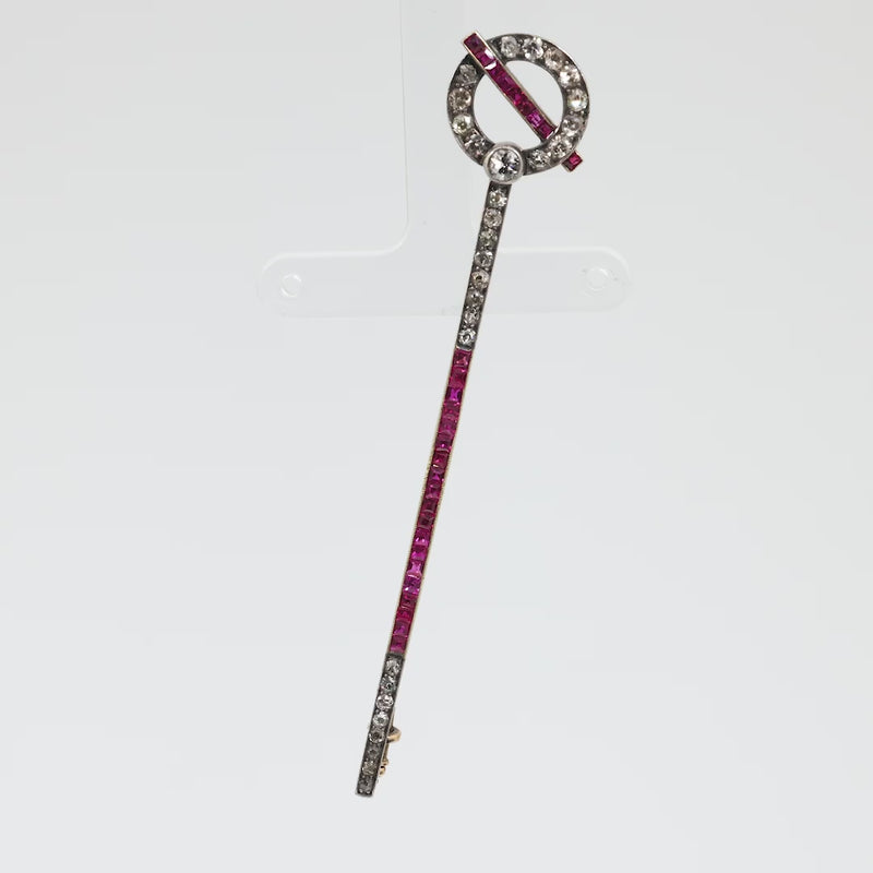 Art Deco 4.20 carat ruby and diamond 14k yellow gold silver stick pin brooch