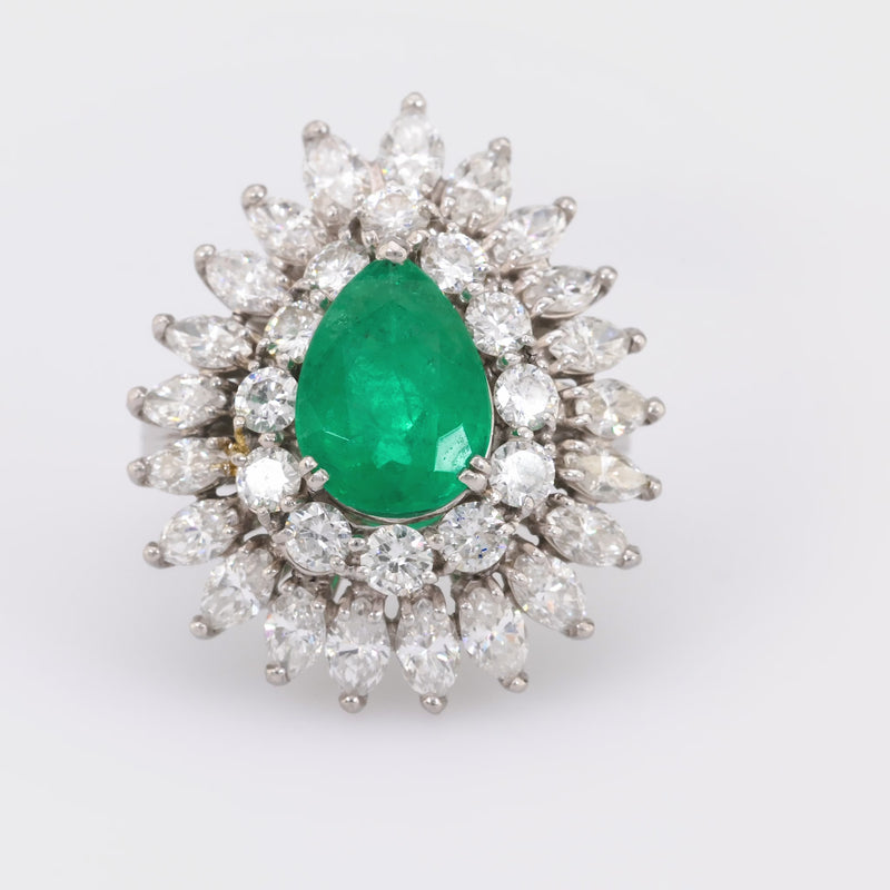 Mid Century Pear Shape Emerald Diamond 14K White Gold Cocktail Ring