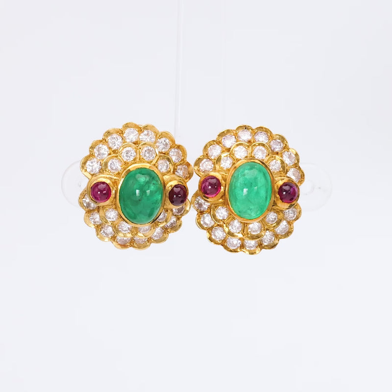 Emerald Diamond Ruby Yellow Gold Cluster Earrings