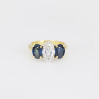 GIA 1.53 carat diamond sapphire 18k yellow gold three stone ring