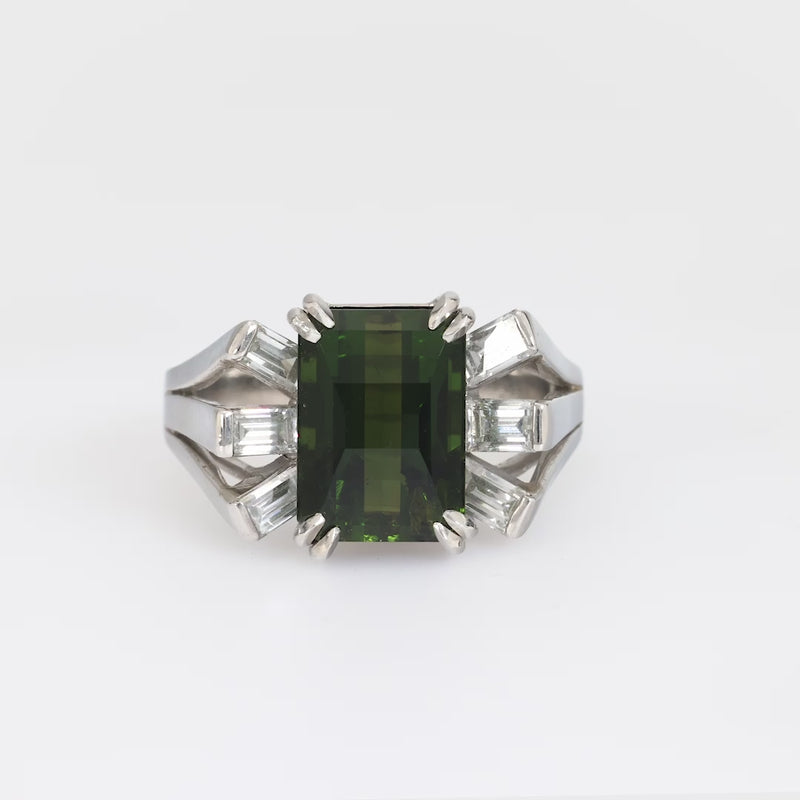 Mid Century 5.60 carat green tourmaline diamond platinum cocktail ring